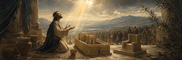 Solomon kneels beside temple plans and an empty judgment seat beneath a gentle shaft of heavenly light